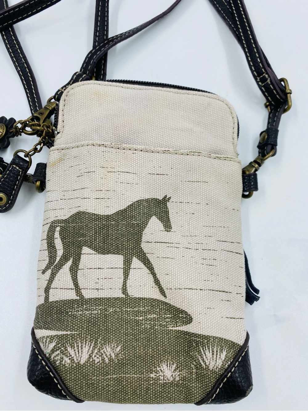 Chala Leather Canvas Horse Convertible Crossbody Purse Shoulder Bag - Picture 7 of 7